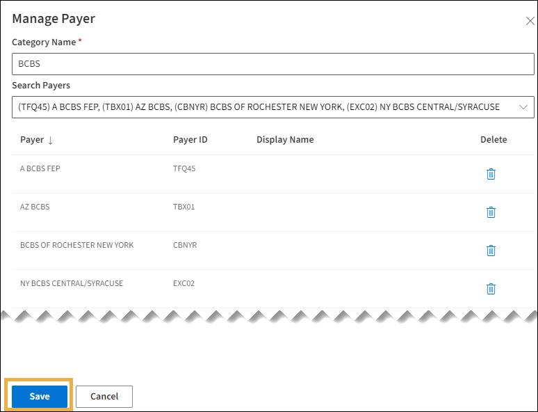 Manage Payer window showing list of payers to edit and with a yellow highlight box around the Save button.